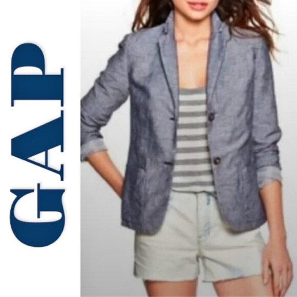 NWT GAP Linen Cotton Blend 2 Button Chambray Blue Summer Uniform Blazer, Size 2 - Picture 10 of 10